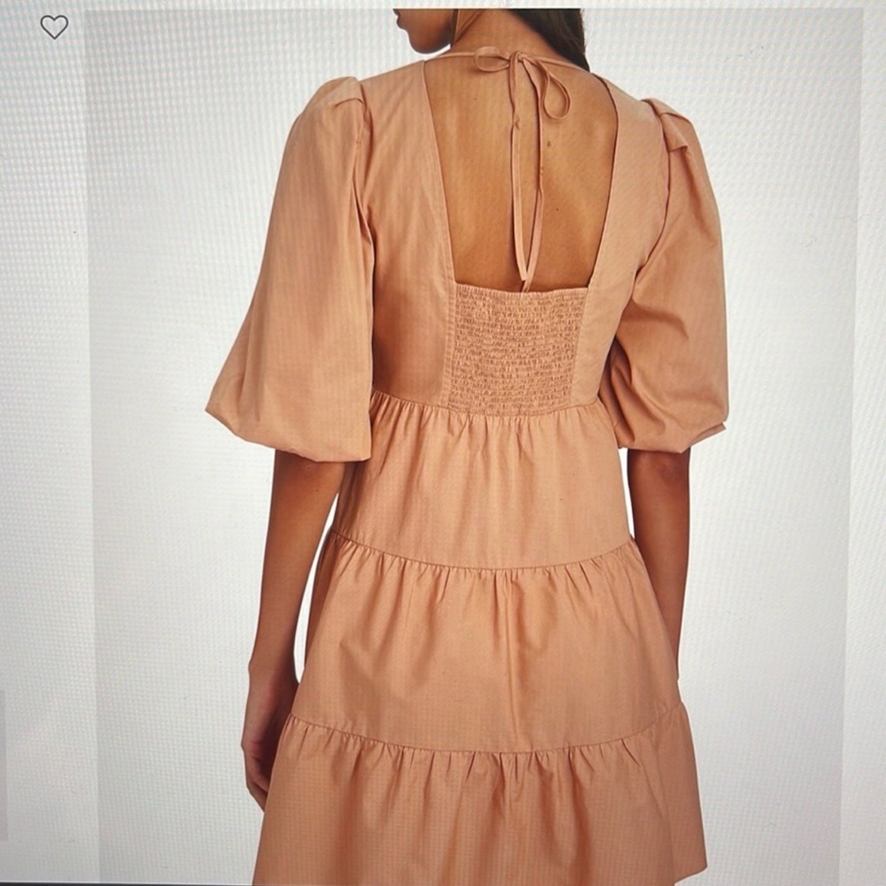 Intermix Twist Front Tiered Mini Dress Puff Sleeve 100% Cotton Tan Size 8 - Picture 5 of 12